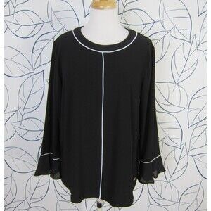 Anne Klein Black Tunic Top w/ White Piping Ruffle Bell Sleeves Size L New!